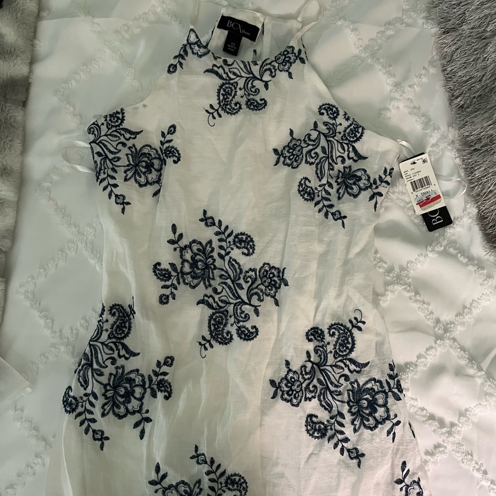 BCX white halter dress with navy blue embroidery